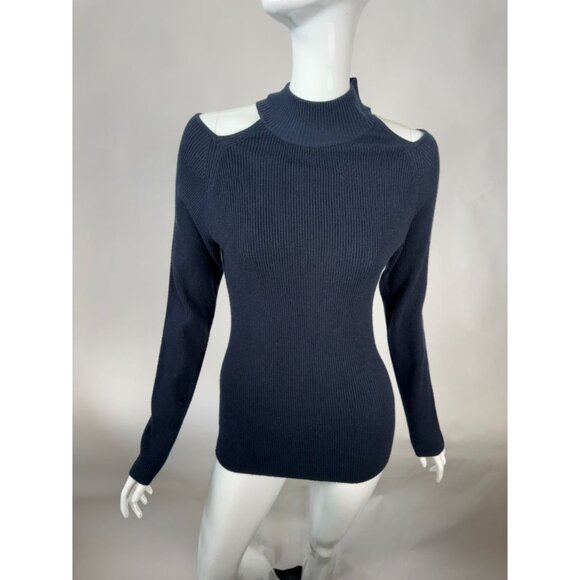 Catherine Malandrino Navy Cold Shoulder Ribbed Sweater Women XL Rayon/Polyester/ - Picture 9 of 16